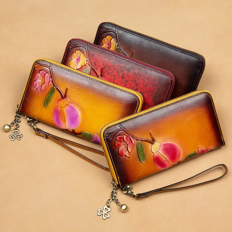 Plum Blossom Flower Red Leather Wristlet Wallet Womens Zip Around Wallets Flower Ladies Zipper Clutch Wallets for Women