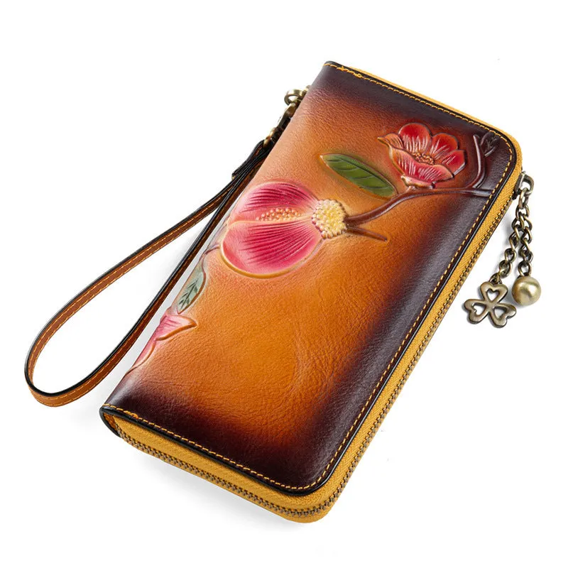 Plum Blossom Flower Red Leather Wristlet Wallet Womens Zip Around Wallets Flower Ladies Zipper Clutch Wallets for Women