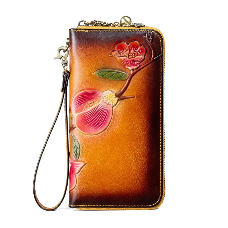 Plum Blossom Flower Red Leather Wristlet Wallet Womens Zip Around Wallets Flower Ladies Zipper Clutch Wallets for Women