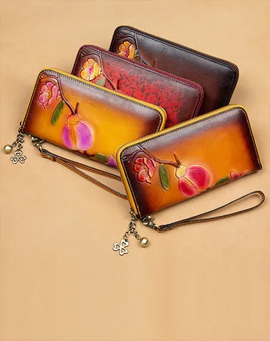 Plum Blossom Flower Red Leather Wristlet Wallet Womens Zip Around Wallets Flower Ladies Zipper Clutch Wallets for Women