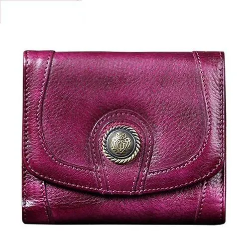 Purple Vintage Leather Womens Buckle Small Trifold Red billfold Wallet Purse for Ladies