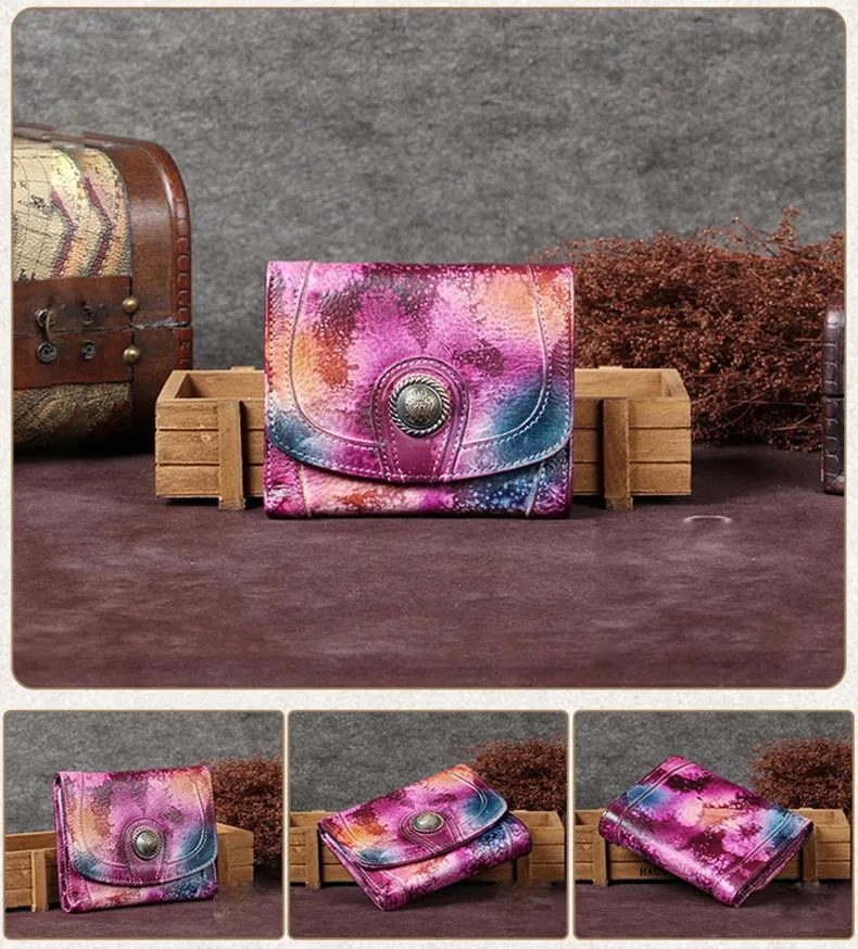 Purple Vintage Leather Womens Buckle Small Trifold Red billfold Wallet Purse for Ladies