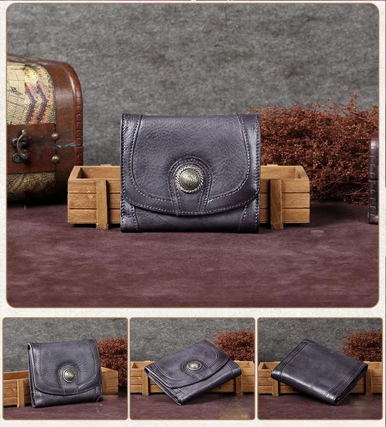 Purple Vintage Leather Womens Buckle Small Trifold Red billfold Wallet Purse for Ladies