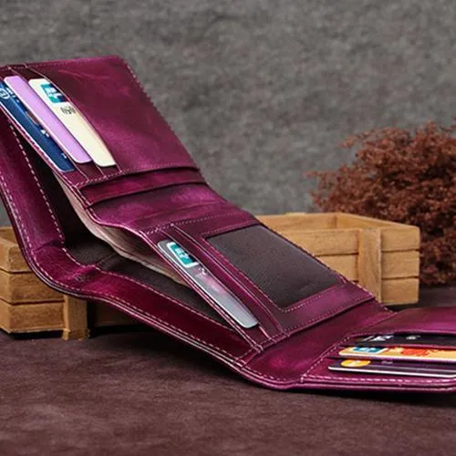 Purple Vintage Leather Womens Buckle Small Trifold Red billfold Wallet Purse for Ladies