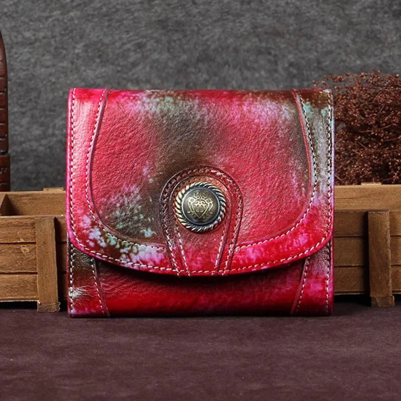Purple Vintage Leather Womens Buckle Small Trifold Red billfold Wallet Purse for Ladies