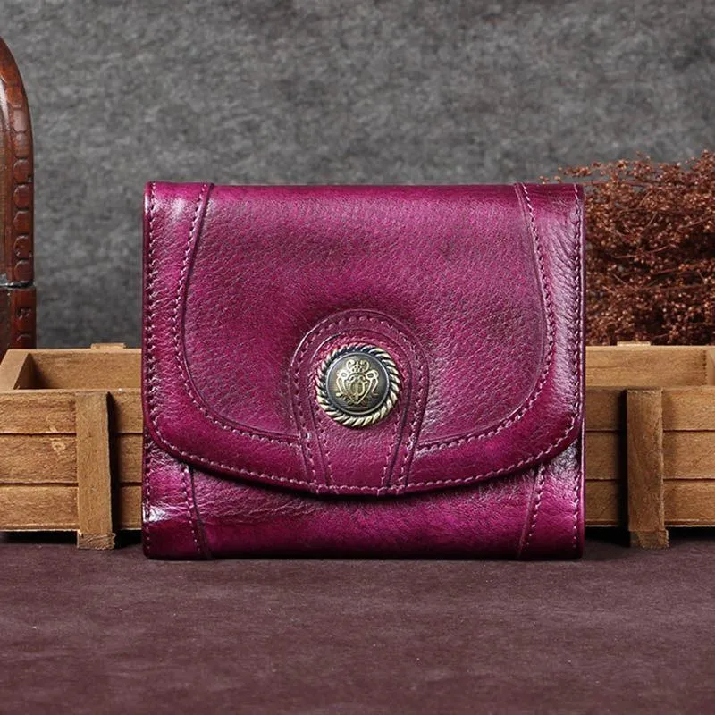 Purple Vintage Leather Womens Buckle Small Trifold Red billfold Wallet Purse for Ladies