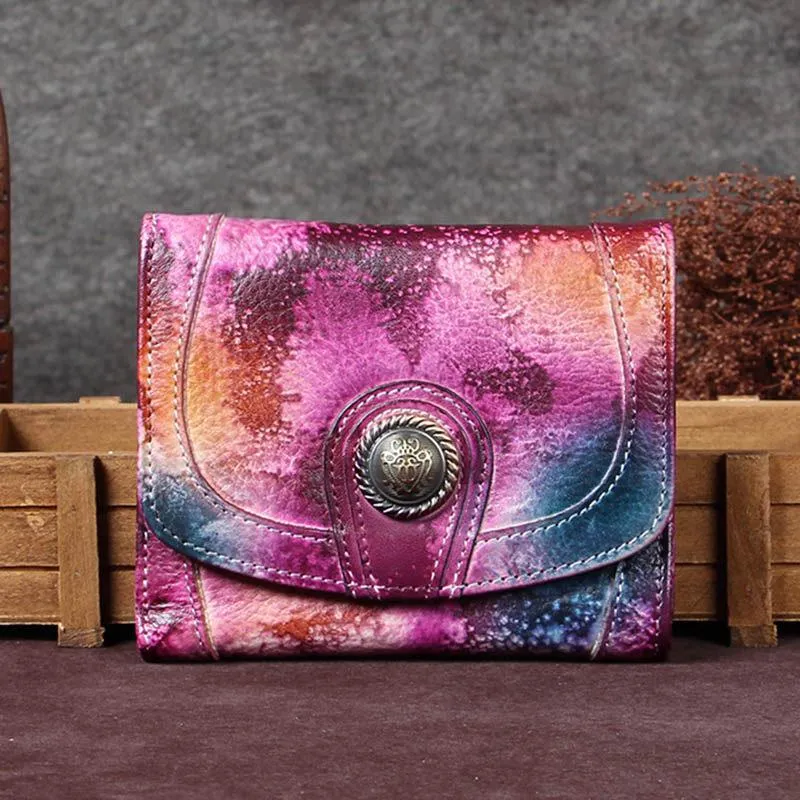 Purple Vintage Leather Womens Buckle Small Trifold Red billfold Wallet Purse for Ladies