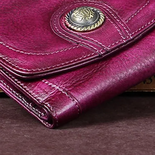 Purple Vintage Leather Womens Buckle Small Trifold Red billfold Wallet Purse for Ladies