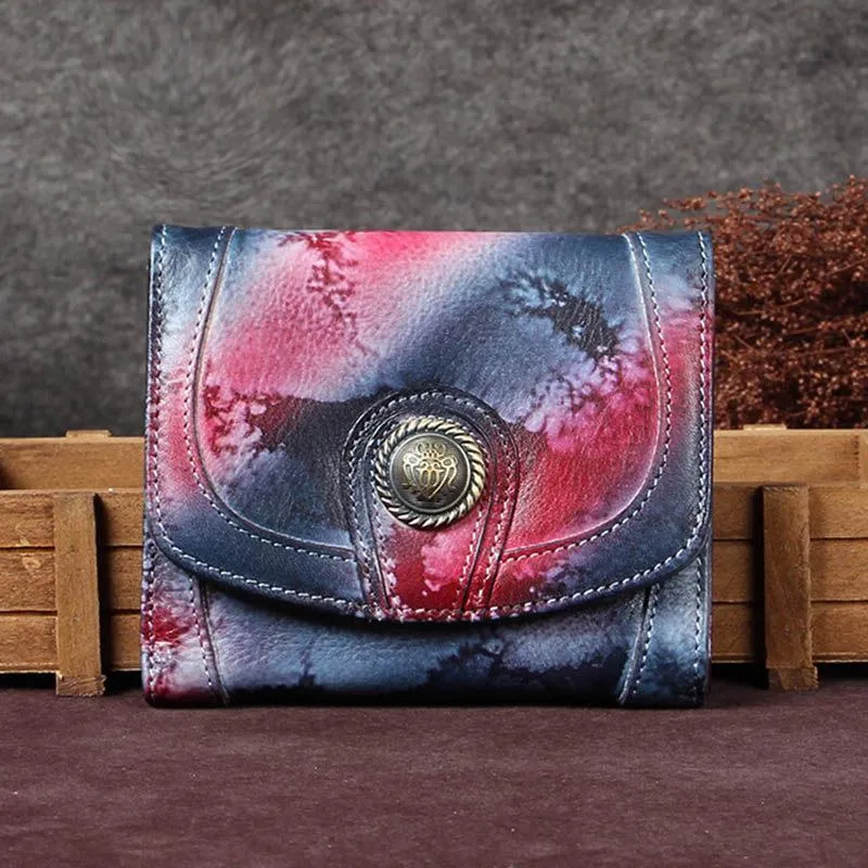Purple Vintage Leather Womens Buckle Small Trifold Red billfold Wallet Purse for Ladies