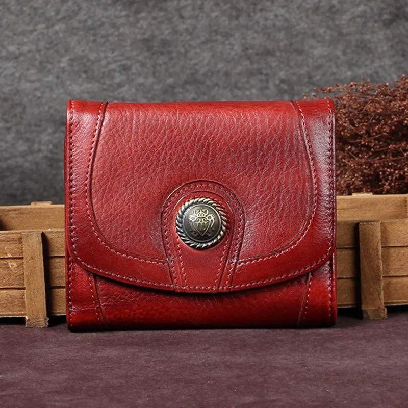 Purple Vintage Leather Womens Buckle Small Trifold Red billfold Wallet Purse for Ladies