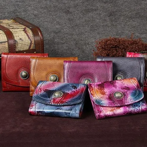 Purple Vintage Leather Womens Buckle Small Trifold Red billfold Wallet Purse for Ladies