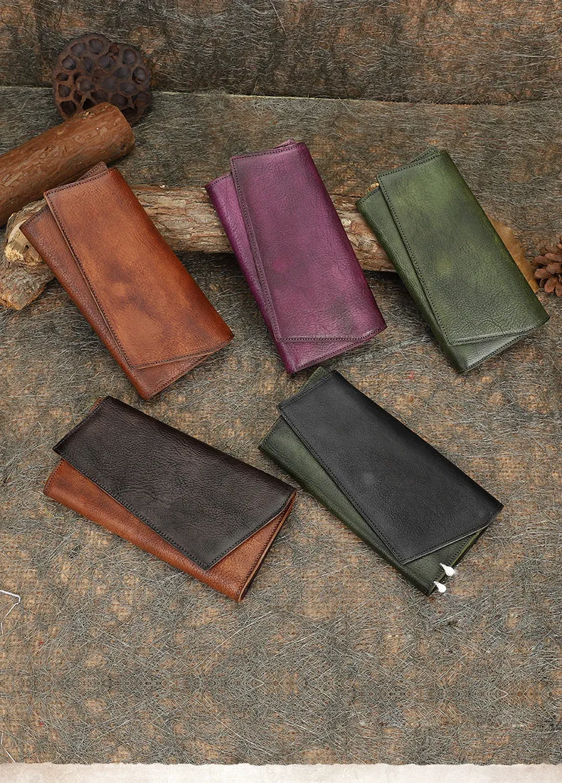 Purple Womens Geometry Leather Trifold Long Wallet Vintage Clutch Wallet for Ladies