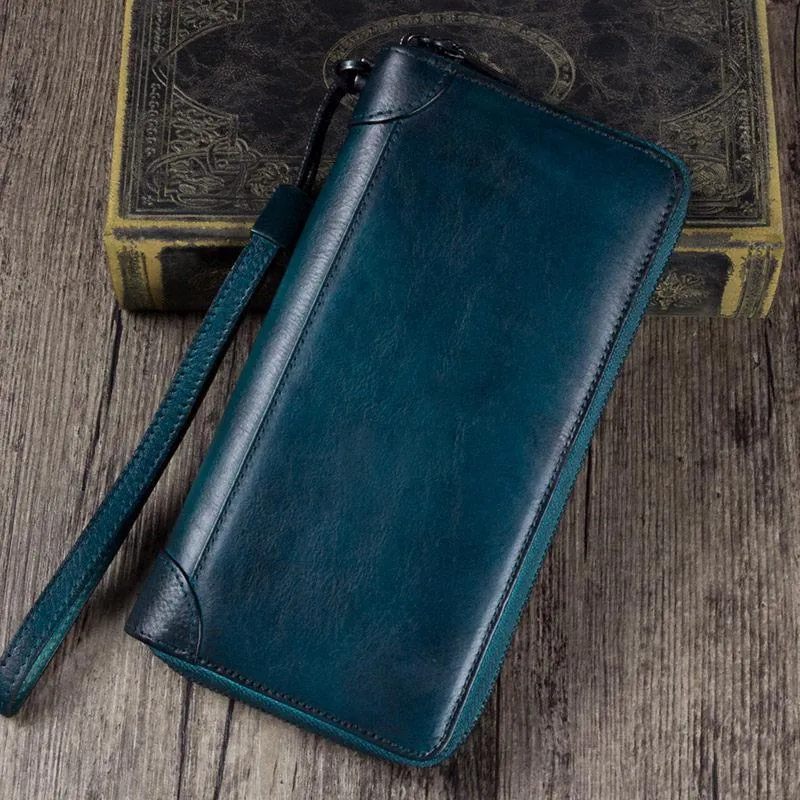 Purple Womens Vintage Leather Green Long Wallet Zipper Brown Clutch Long Wristlet Wallet for Ladies