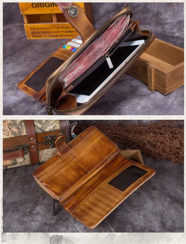 Red Vintage womens Leather Bifold Wallet Green Phone Wallet Brown Zipper Wallet for Ladies