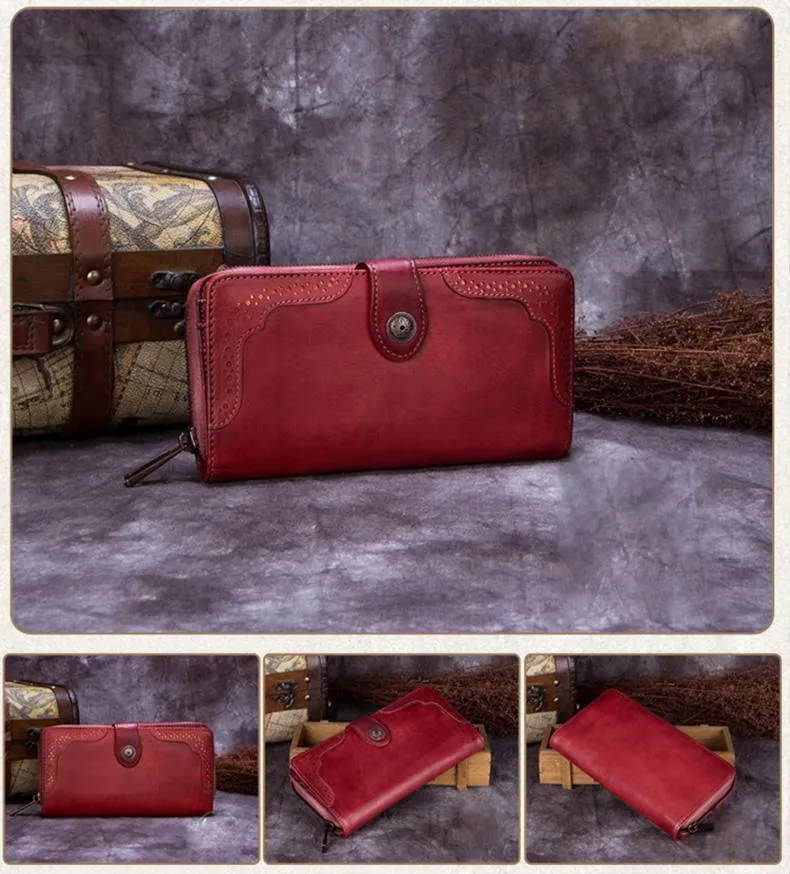 Red Vintage womens Leather Bifold Wallet Green Phone Wallet Brown Zipper Wallet for Ladies