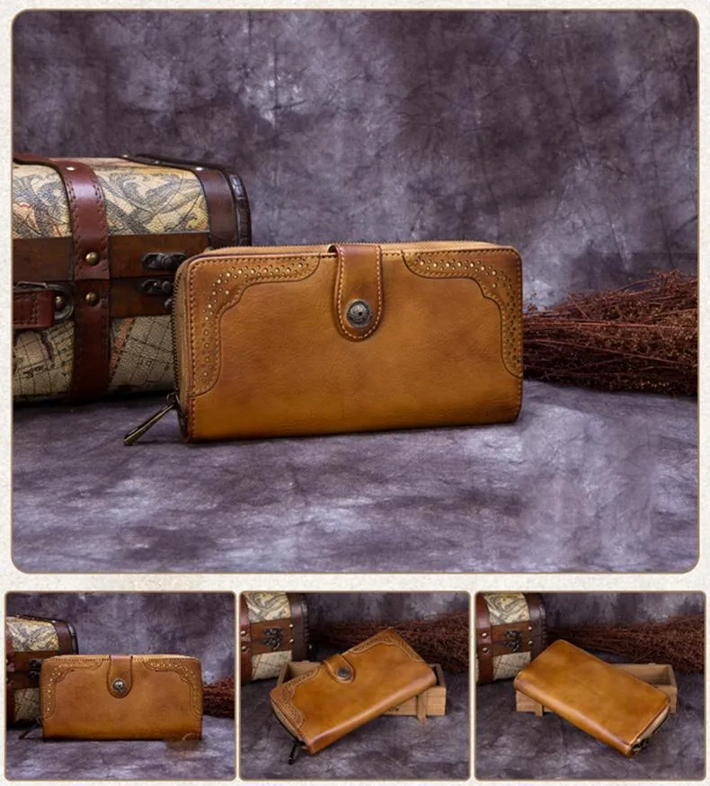 Red Vintage womens Leather Bifold Wallet Green Phone Wallet Brown Zipper Wallet for Ladies