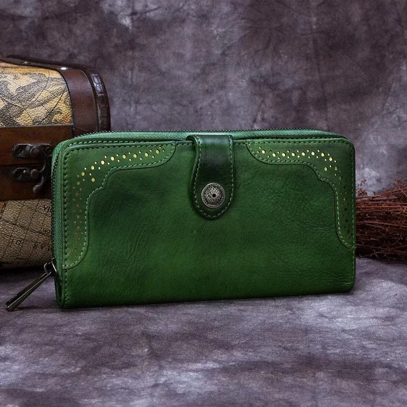 Red Vintage womens Leather Bifold Wallet Green Phone Wallet Brown Zipper Wallet for Ladies