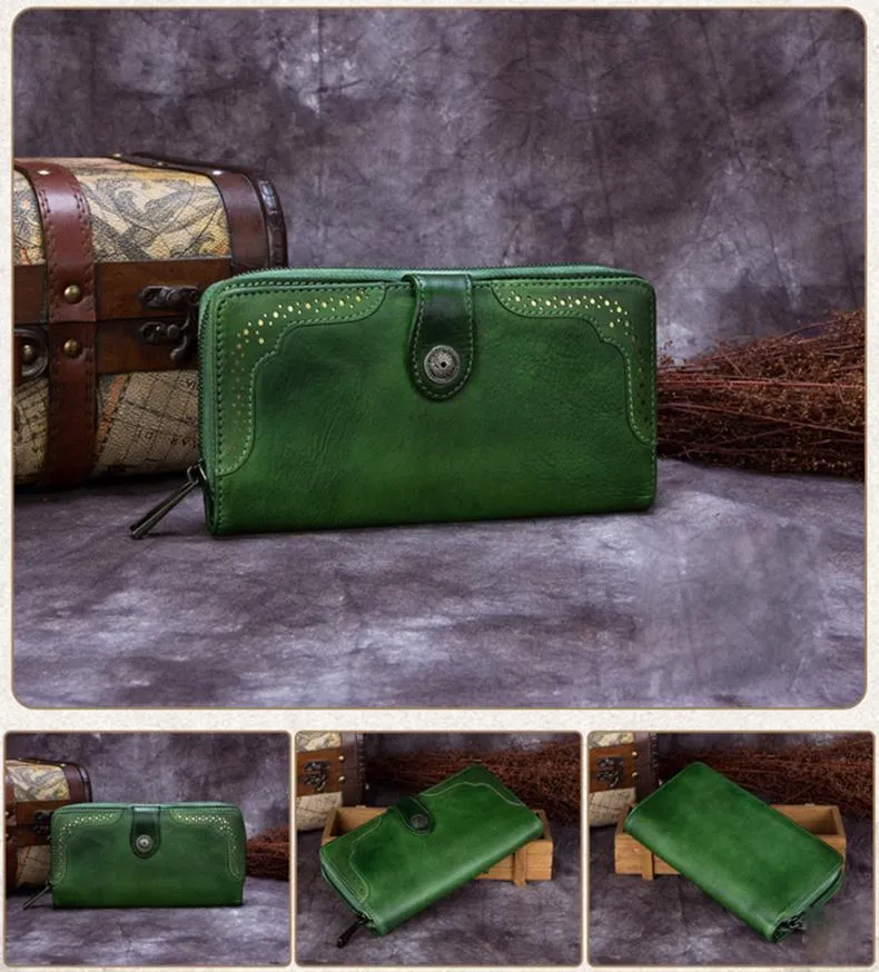 Red Vintage womens Leather Bifold Wallet Green Phone Wallet Brown Zipper Wallet for Ladies