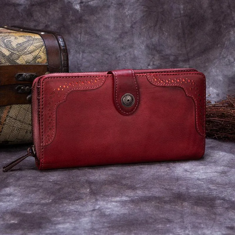 Red Vintage womens Leather Bifold Wallet Green Phone Wallet Brown Zipper Wallet for Ladies