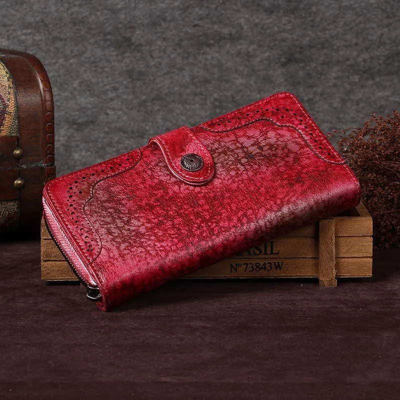 Red Vintage womens Leather Bifold Wallet Green Phone Wallet Brown Zipper Wallet for Ladies