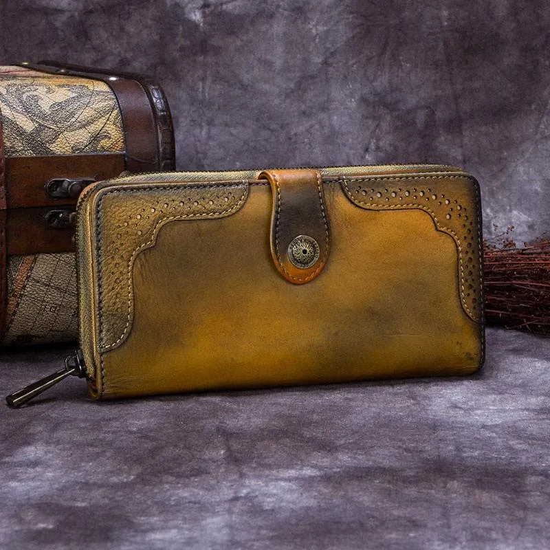 Red Vintage womens Leather Bifold Wallet Green Phone Wallet Brown Zipper Wallet for Ladies