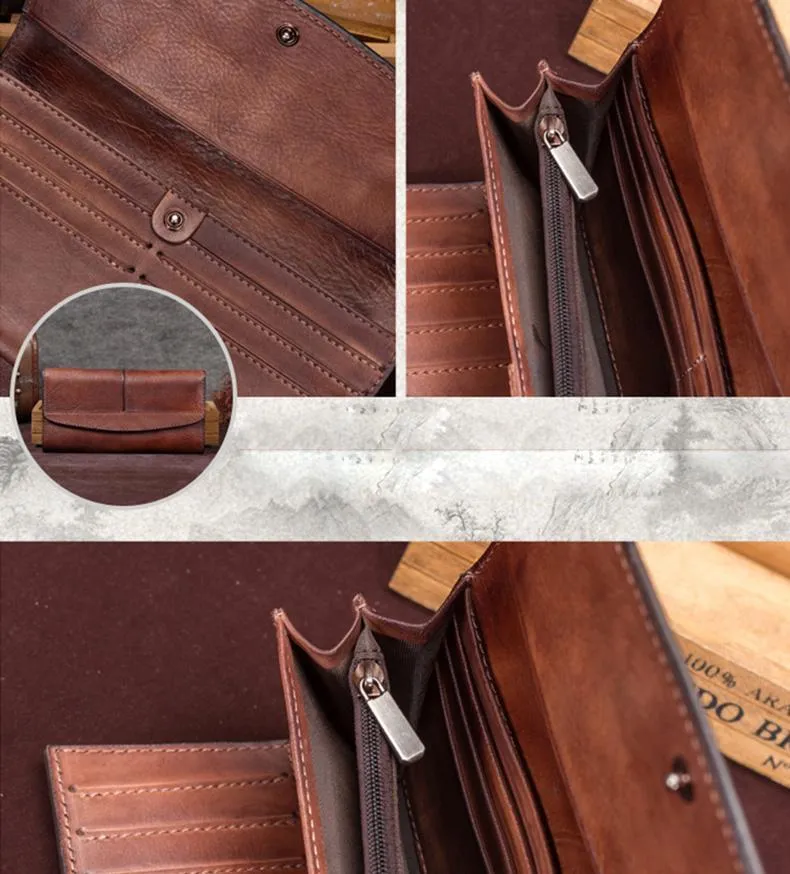 Red Vintage Womens Leather Trifold Brown Long Wallet Purse Green CLutch Phone Wallet for Ladies