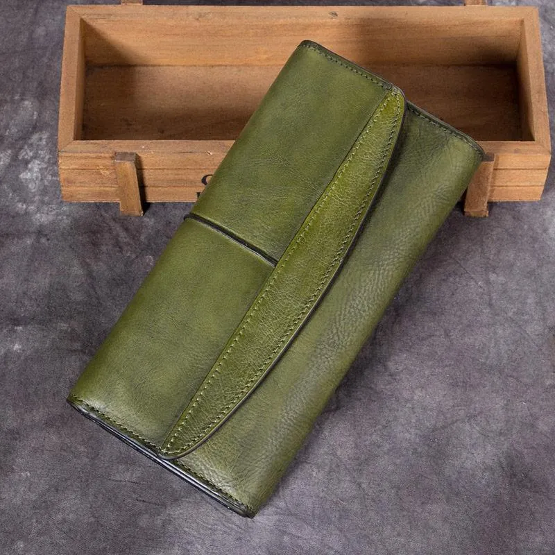 Red Vintage Womens Leather Trifold Brown Long Wallet Purse Green CLutch Phone Wallet for Ladies