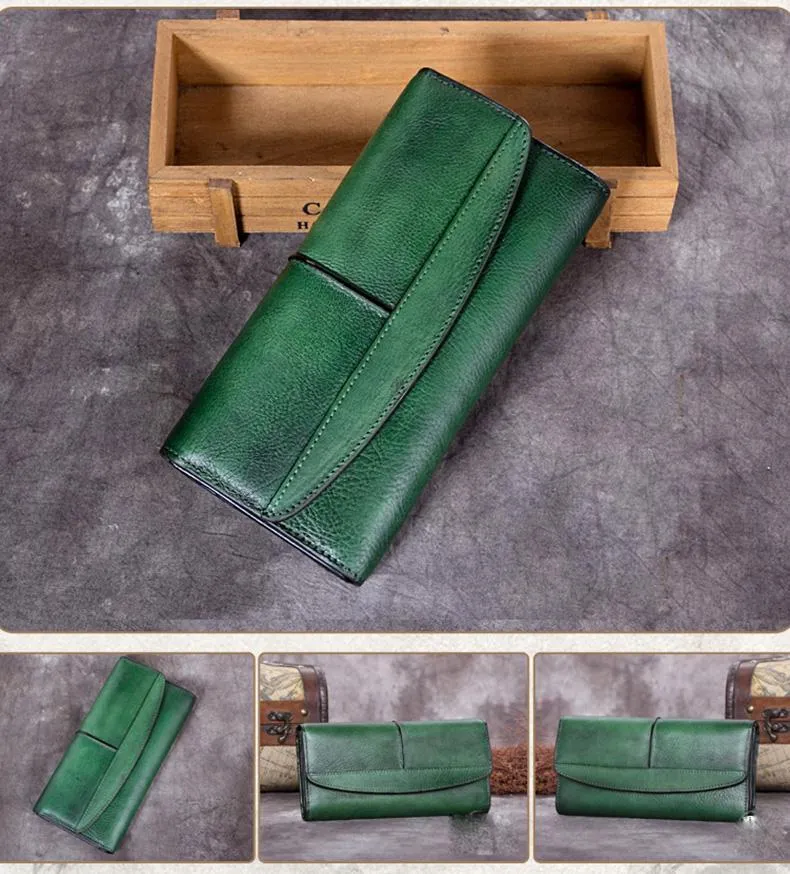 Red Vintage Womens Leather Trifold Brown Long Wallet Purse Green CLutch Phone Wallet for Ladies