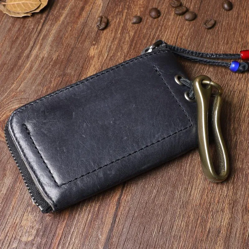 Retro Handmade Mens Leather Key Purse Black Car Key Wallet Card Wallet For Men