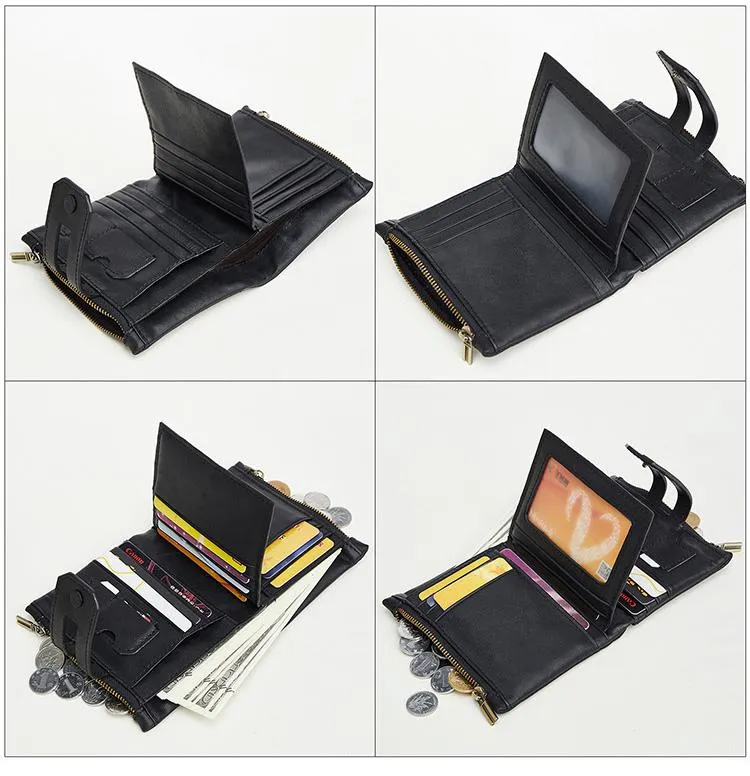 RFID Brown Leather Men's Double Zipper Small Wallet Black billfold Wallet For Men