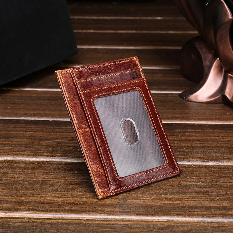 RFID Brown Leather Men's Slim Card Holder Black Front Pocket Wallet Small Card Wallet For Men
