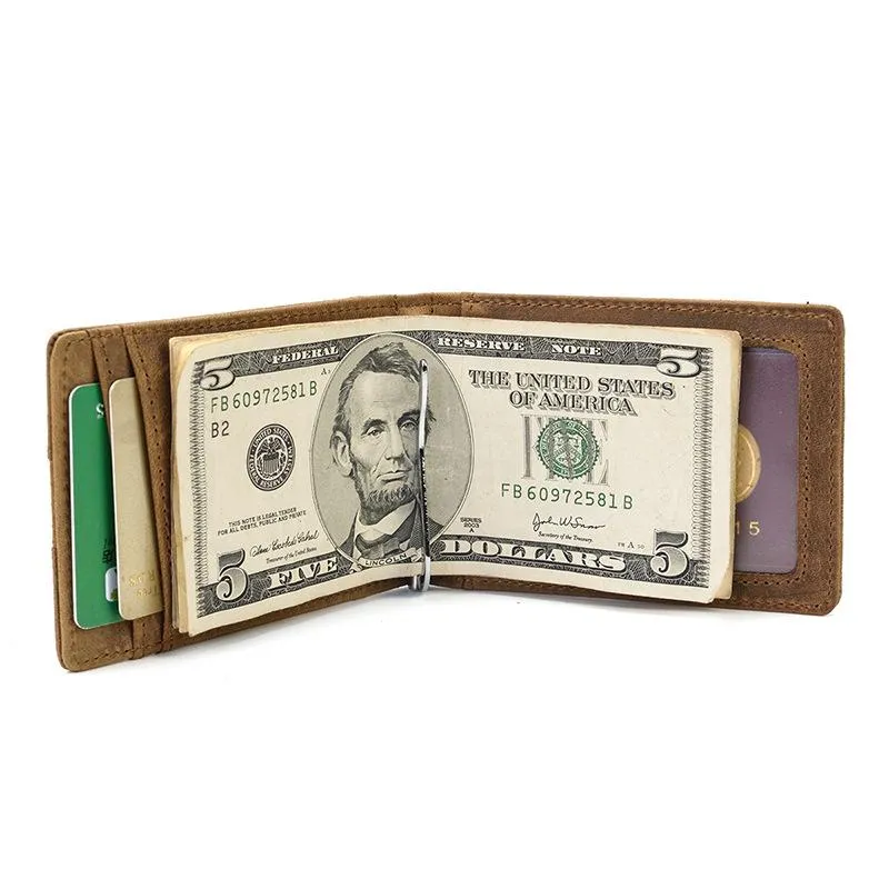 RFID Brown Leather Men's Small Wallet billfold Wallet Black Front Pocket Wallet For Men