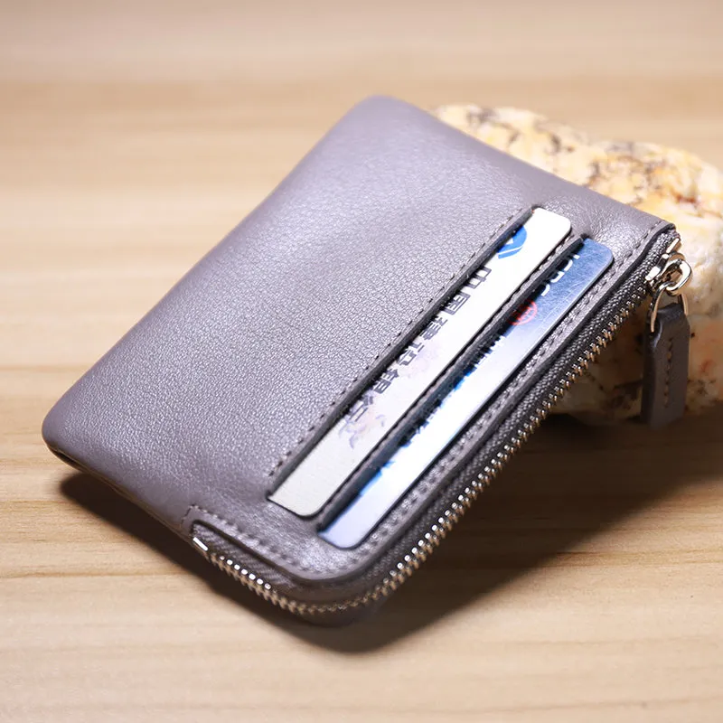 Slim Women Beige Leather Card Wallet Minimalist Zip Billfold Card Holder Wallet Coin Wallet For Women