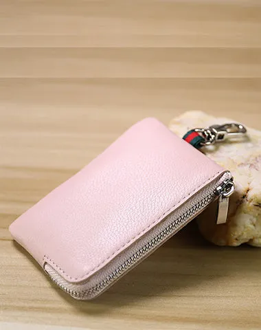 Slim Women Black Leather Zip Wallet with Keychains Minimalist Coin Wallet Small Zip Change Wallet For Women