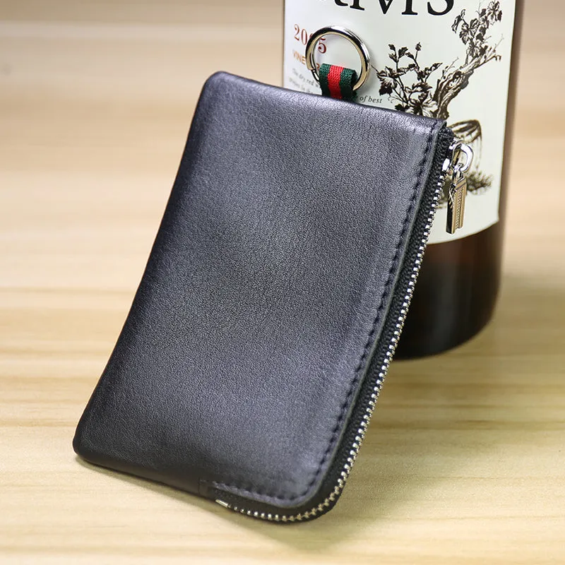 Slim Women Brown Leather Zip Wallet with Keychains Billfold Minimalist Coin Wallet Small Zip Change Wallet For Women