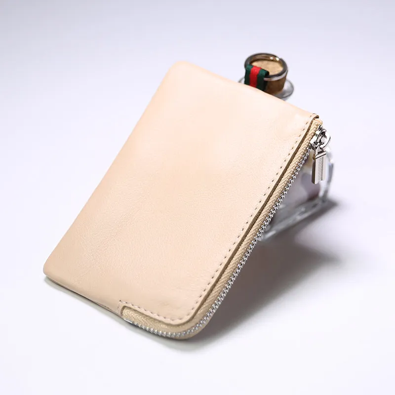 Slim Women Brown Leather Zip Wallet with Keychains Billfold Minimalist Coin Wallet Small Zip Change Wallet For Women