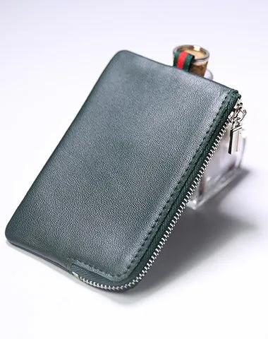 Slim Women Brown Leather Zip Wallet with Keychains Billfold Minimalist Coin Wallet Small Zip Change Wallet For Women