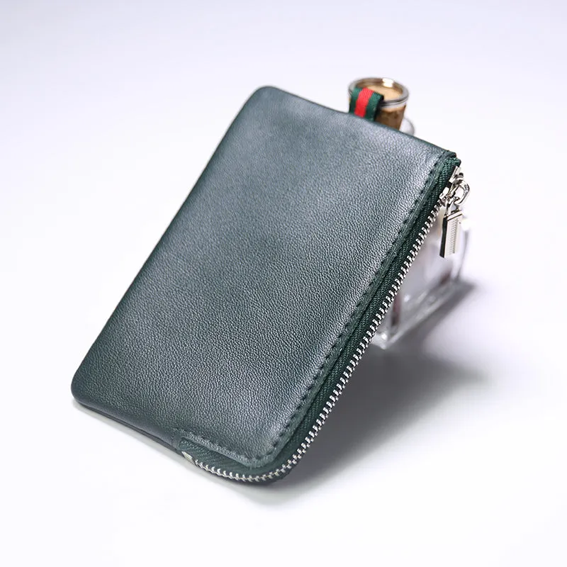 Slim Women Brown Leather Zip Wallet with Keychains Billfold Minimalist Coin Wallet Small Zip Change Wallet For Women