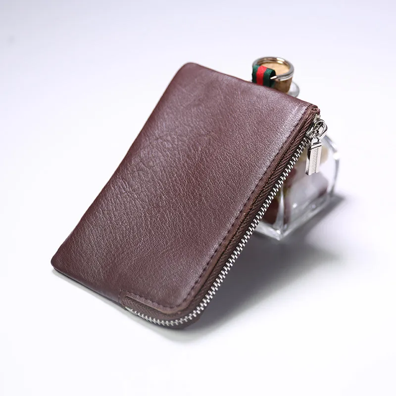 Slim Women Brown Leather Zip Wallet with Keychains Billfold Minimalist Coin Wallet Small Zip Change Wallet For Women