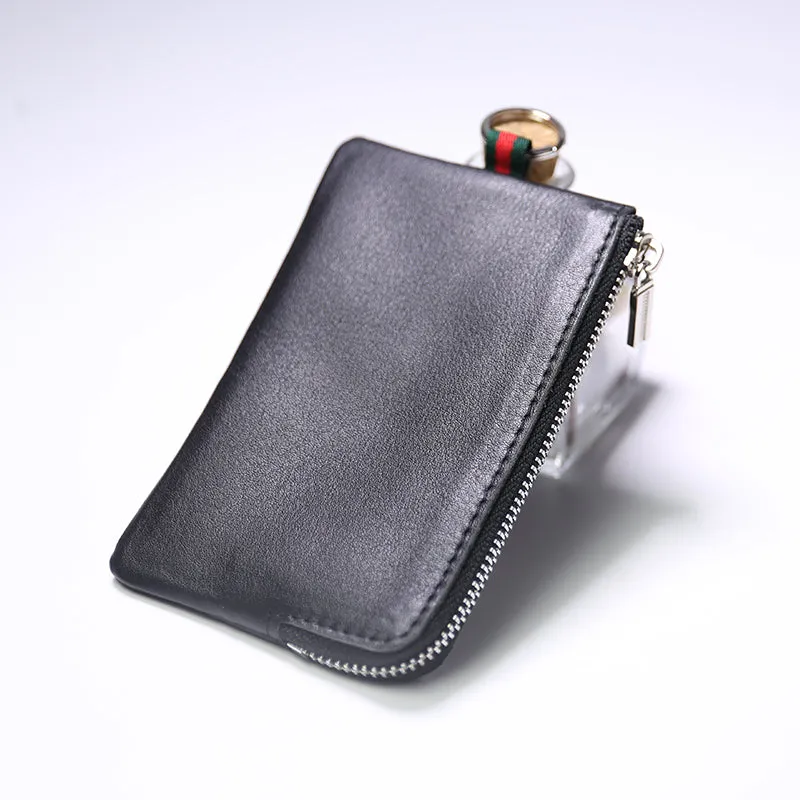 Slim Women Brown Leather Zip Wallet with Keychains Billfold Minimalist Coin Wallet Small Zip Change Wallet For Women