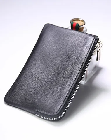 Slim Women Brown Leather Zip Wallet with Keychains Billfold Minimalist Coin Wallet Small Zip Change Wallet For Women