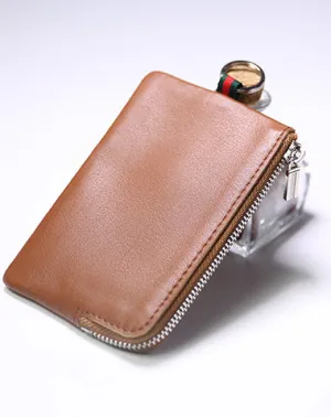Slim Women Brown Leather Zip Wallet with Keychains Billfold Minimalist Coin Wallet Small Zip Change Wallet For Women