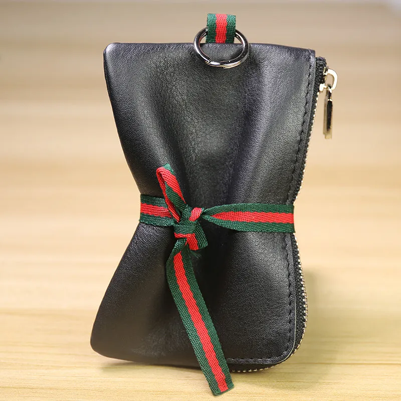 Slim Women Brown Leather Zip Wallet with Keychains Billfold Minimalist Coin Wallet Small Zip Change Wallet For Women