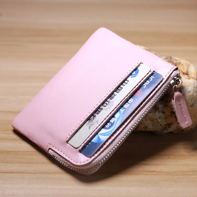Slim Women Coffee Leather Card Wallet Minimalist Zip Billfold Card Holder Wallet Coin Wallet For Women