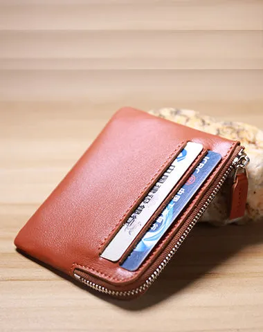Slim Women Coffee Leather Card Wallet Minimalist Zip Billfold Card Holder Wallet Coin Wallet For Women