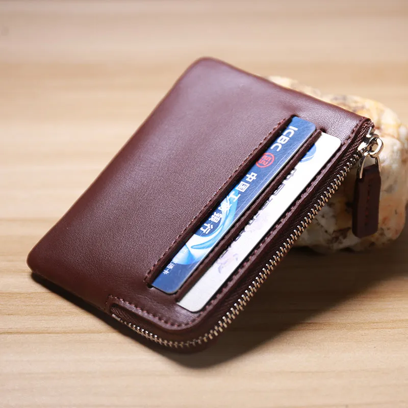Slim Women Coffee Leather Card Wallet Minimalist Zip Billfold Card Holder Wallet Coin Wallet For Women