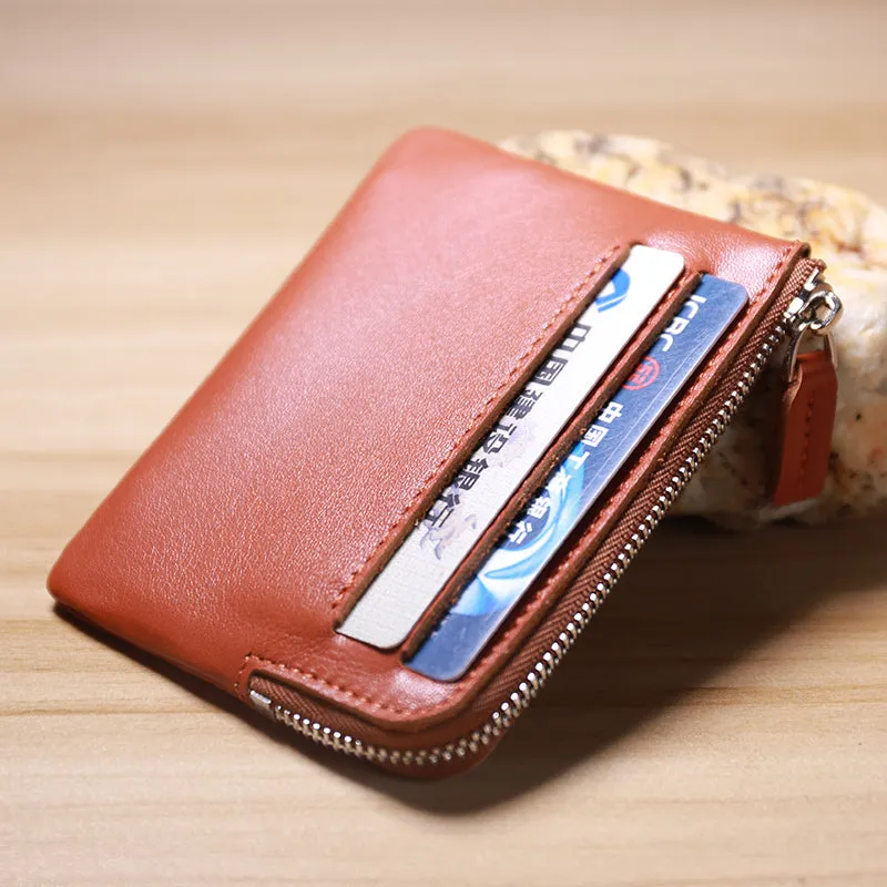 Slim Women Coffee Leather Card Wallet Minimalist Zip Billfold Card Holder Wallet Coin Wallet For Women