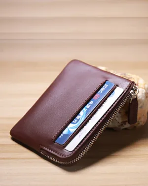Slim Women Coffee Leather Card Wallet Minimalist Zip Billfold Card Holder Wallet Coin Wallet For Women