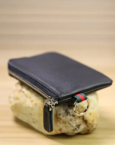 Slim Women Coffee Leather Mini Zip Wallet with Keychain Billfold Minimalist Coin Wallet Small Zip Change Wallet For Women