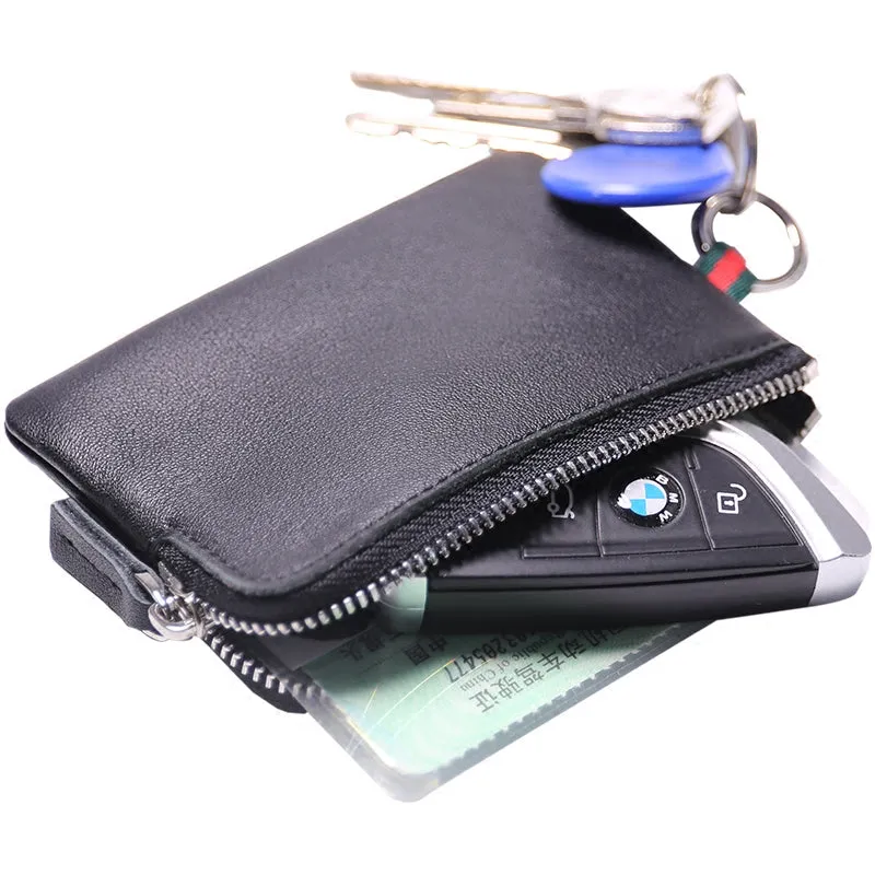 Slim Women Coffee Leather Mini Zip Wallet with Keychain Billfold Minimalist Coin Wallet Small Zip Change Wallet For Women
